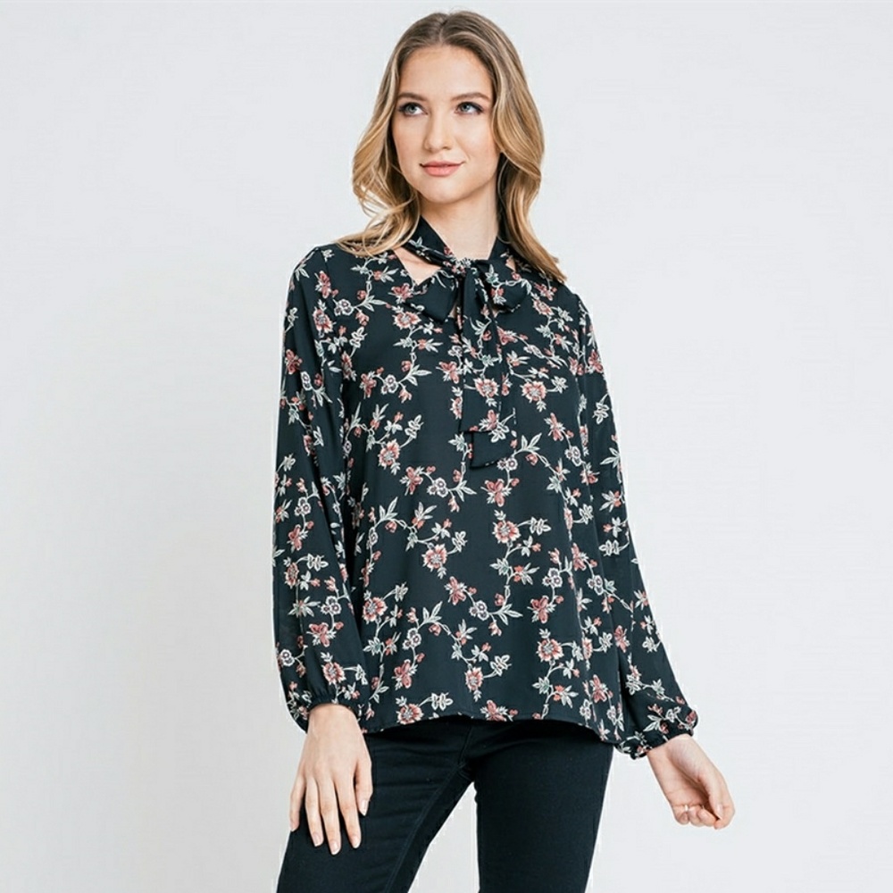 Black Navy Blue Floral Bow Knot Neck Tie Blouse - Picture 4 of 5